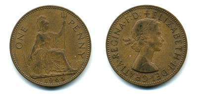 Великобритания 1 пенни 1965 Елизавета II (1952-2022) КМ 897, Spink 4157 бронза 89-846