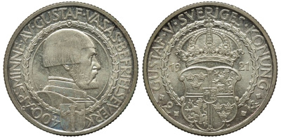 Швеция 2 кроны 1921 W, Густав V (1907-1950) 400 лет политических свобод KM 799 серебро UNC 4111-1245