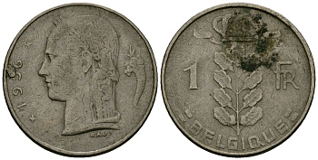 Бельгия 1 франк 1956 Belgique, Бодуэн I (1951-1993) KM 142 медно-никель 4138-231