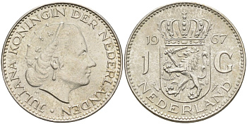 Нидерланды 1 гульден 1967 Юлиана (1948-1980) KM 184 серебро 4126-1142