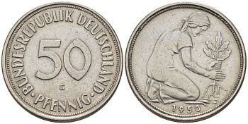 ФРГ 50 ПФЕННИГОВ 1950 G KM 109.1, J. 384 медно-никель 67-743