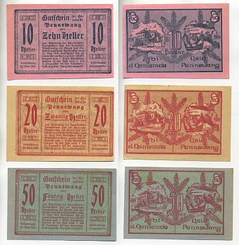 АВСТРИЯ НАБОР ИЗ 3 БАНКНОТ 1920 23 МАЯ 1920-31 ДЕКАБРЯ 1920, НОТГЕЛЬД, 10, 20, 50 ГЕЛЛЕРОВ, PENNEWANG бумага XF 6279-11-1-1