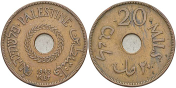 Израиль, Палестина 20 милсов 1942 Британская администрация KM 5а бронза 4185-1236