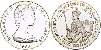 Острова Кука 2 доллара 1973 20 лет со дня коронации Елизаветы II KM 8 серебро UNC 1085-7-13