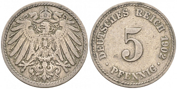 ГЕРМАНИЯ 5 ПФЕННИГОВ 1902 A, KM 11, J. 12 медно-никель 73-1568