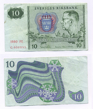 ШВЕЦИЯ 10 КРОН 1980 СЕРИЯ FE, ГУСТАВ VI АДОЛЬФ Pick 52е бумага 6266-4-2-1