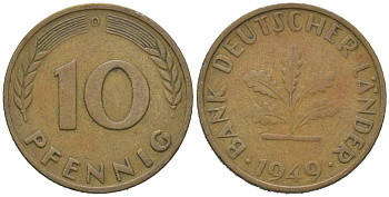 ФРГ 10 пфеннигов 1949 D KM 103, J. 378 сталь плакированная латунью 4604-1147