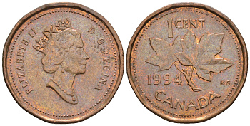 Канада 1 цент 1994 Елизавета II (1952-2022), кленовый лист KM 181 бронза 4609-245