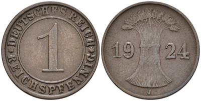 Германия 1 рейхспфенниг 1924 J KM 37, J.313, Weege 2 медь 4585-553