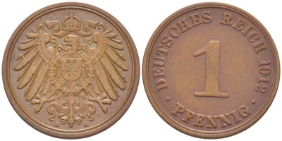 ГЕРМАНИЯ 1 ПФЕННИГ 1912 A KM 10, J. 10, Weege 2 медь 211-452