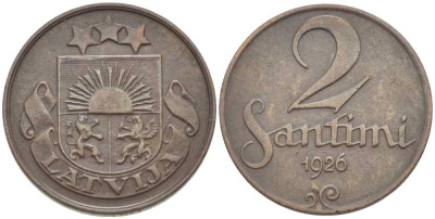 ЛАТВИЯ 2 САНТИМА 1926 ПЕРВАЯ РЕСПУБЛИКА (1918-1939) KM 2 бронза 119-141