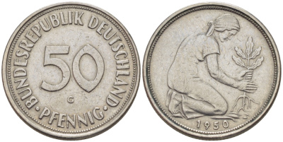 ФРГ 50 ПФЕННИГОВ 1950 G KM 109.1, J. 384 медно-никель 67-743