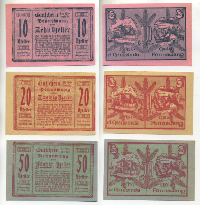 АВСТРИЯ НАБОР ИЗ 3 БАНКНОТ 1920 23 МАЯ 1920-31 ДЕКАБРЯ 1920, НОТГЕЛЬД, 10, 20, 50 ГЕЛЛЕРОВ, PENNEWANG бумага XF 6279-11-1-1