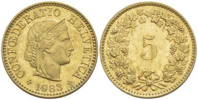 Швейцария 5 раппенов 1983 KM 26c алюминиевая бронза 4532-855