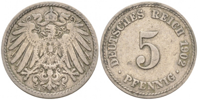 ГЕРМАНИЯ 5 ПФЕННИГОВ 1902 A, KM 11, J. 12 медно-никель 73-1568