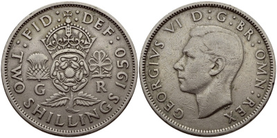 Великобритания 2 шиллинга (флорин) 1950 Георг VI (1936-1952) KM 878, Spink 4107 медно-никель 83-1246