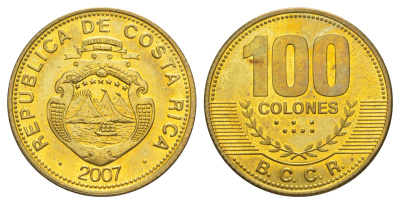 Коста-Рика 100 колонов 2007 KM 240a сталь плакированная латунью UNC 4631-921