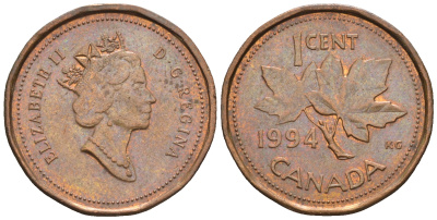 Канада 1 цент 1994 Елизавета II (1952-2022), кленовый лист KM 181 бронза 4609-245