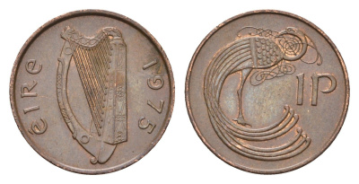 Ирландия 1 пенни 1975 мифологическая птица лира KM 20 бронза 4687-922