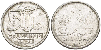 Бразилия 50 крузейро 1991 KM 620.2 нержавеющая сталь 4364-1743