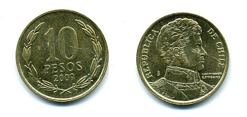 ЧИЛИ 10 ПЕСО 2009 ГЕНЕРАЛ БЕРНАРДО О ХИГГИНС KM 228.2 никель-бронза 37-746