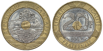 Франция 20 франков 1992 Мон-Сен-Мишель KM 1008.2, Le Franc 403.3 триметалл 4123-644