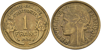 Франция 1 франк 1936 KM 885, Le Franc 219.2 алюминиевая бронза 4142-835