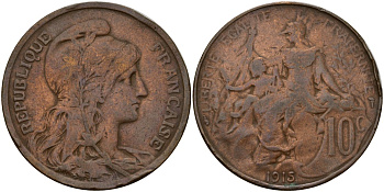 Франция 10 сантимов 1915 KM 843 бронза 4156-655