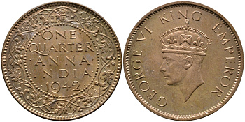 Британская Индия 1/4 анна 1942 Георг VI (1937-1952) KM 531 бронза aUNC 3999-157