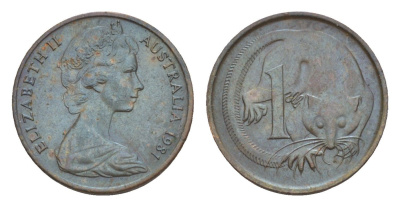 Австралия 1 цент 1981 Елизавета II (1952-2022), молодой портрет, опоссум KM 62 бронза 4655-1219