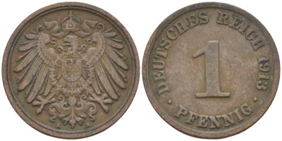 ГЕРМАНИЯ 1 ПФЕННИНГ 1913 А KM 10, J. 10 медь 201-945