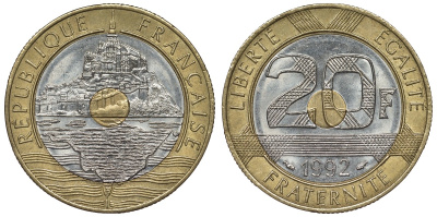 Франция 20 франков 1992 Мон-Сен-Мишель KM 1008.2, Le Franc 403.3 триметалл 4123-644
