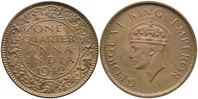 Британская Индия 1/4 анна 1942 Георг VI (1937-1952) KM 531 бронза aUNC 3999-157