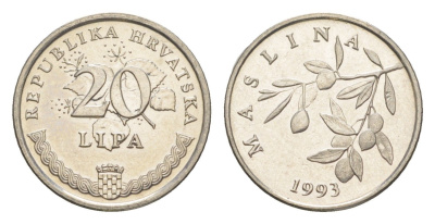 Хорватия 20 лип 1993 олива, нечетный год KM 7 сталь плакированная никелем UNC 3309-823