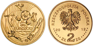 Польша 2 злотых 2012 MW, чемпионат Европы по футболу, евро 2012, УЕФА, Польша-Украина KM 823 нордик UNC M73-15