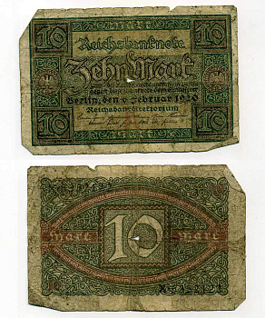 ГЕРМАНИЯ 10 МАРОК 1920 6 ФЕВРАЛЯ 1920, БУКВА K, СЕРИЯ X, СЕМЬ ЦИФР В НОМЕРЕ СЕРИИ Pick 67a, Rosenberg 63а бумага 7146-50-2-2