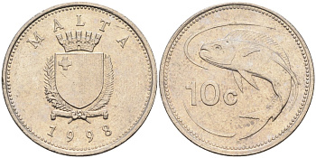 Мальта 10 центов 1998 золотая макрель KM 96 медно-никель 4588-246