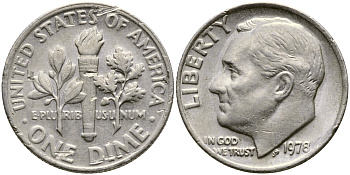 США 10 центов (дайм) 1978 Рузвельт KM 195а медь плакированная медно-никелем  54-348