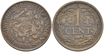 НИДЕРЛАНДЫ 1 ЦЕНТ 1918 ВИЛЬГЕЛЬМИНА I (1891-1948) KM 152 бронза 4547-913