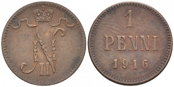 РОССИЯ ДЛЯ ФИНЛЯНДИИ 1 ПЕННИ 1916 НИКОЛАЙ II (1895-1917) KM 13, Биткин 476 медь 211-1021