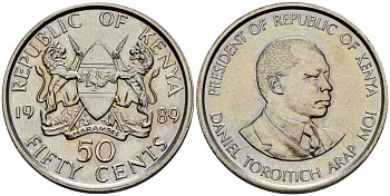 Кения 50 центов 1989 Дэниэл арап Мои KM 19 медно-никель UNC 4511-1132