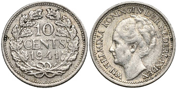 Нидерланды 10 центов 1941 Вильгельмина I (1890-1948) КМ 163 серебро 4549-1051