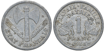 Франция 1 франк 1944 C, правительство Виши KM 902.2, Le Franc 223.7 алюминий 4163-417