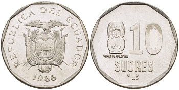 ЭКВАДОР 10 СУКРЕ 1988 VENUS DE VALDIVIA KM 92.1 сталь плакированная никелем 31-431