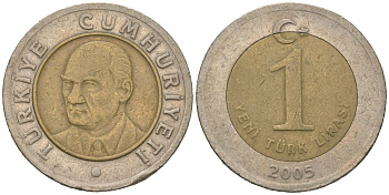 Турция 1 лира 2005 Кемаль Ататюрк KM 1169 биметалл 4620-556