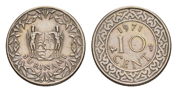 Суринам 10 центов 1971 KM 13 медно-никель 4649-964