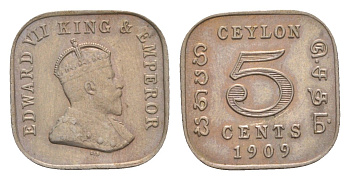 Цейлон 5 центов 1909 Эдуард VII (1901-1910) KM 103 медно-никель UNC 1518-722