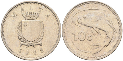 Мальта 10 центов 1998 золотая макрель KM 96 медно-никель 4588-246