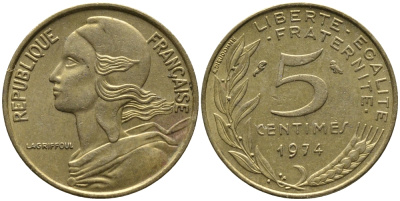 ФРАНЦИЯ 5 САНТИМОВ 1974 ТИП MARIANNE KM 933, LE FRANC 125.10 алюминиевая бронза 261-612