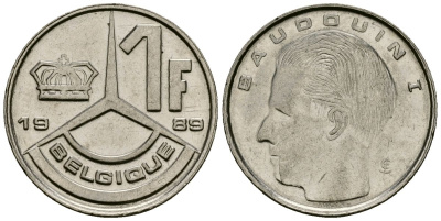 Бельгия 1 франк 1989 Belgique, Бодуэн I (1951-1993) KM 170 железо плакированное никелем 4136-737